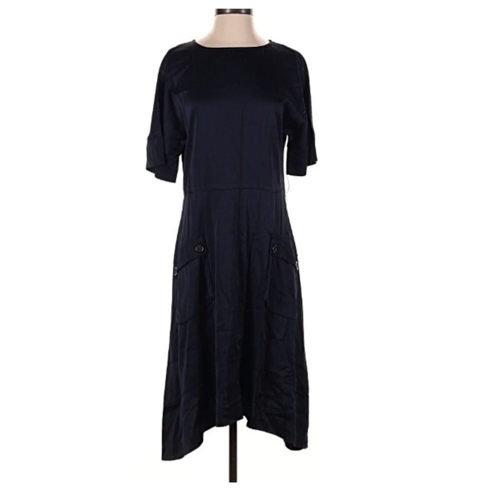 Reiss Midi Dress Size 0 US Dark Navy Blue Satin Asymmetrical Hem Business NWOT